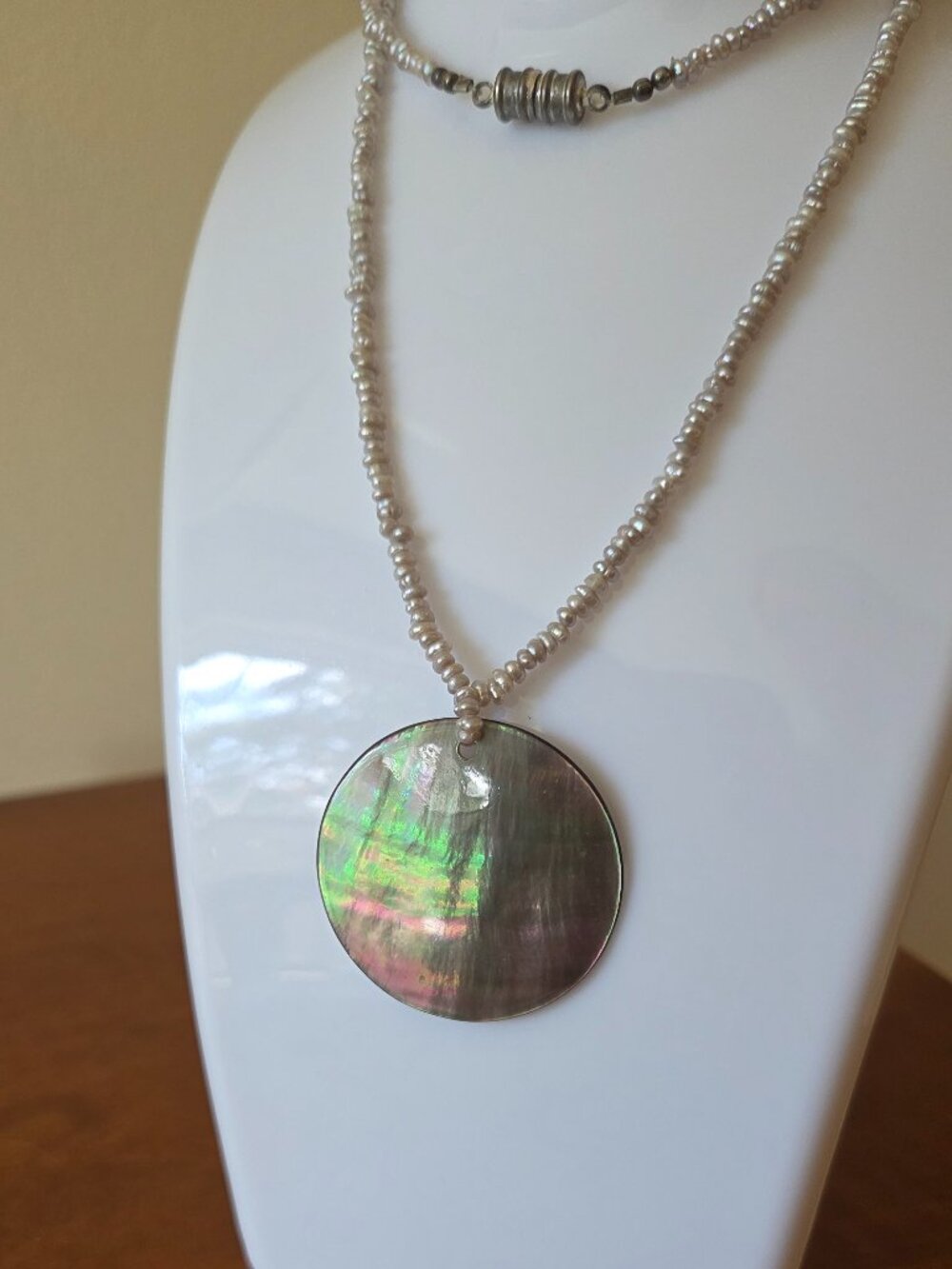 Artisan Handmade Round Abalone Shell Pendant on Grey Rice Freshwater Pearls